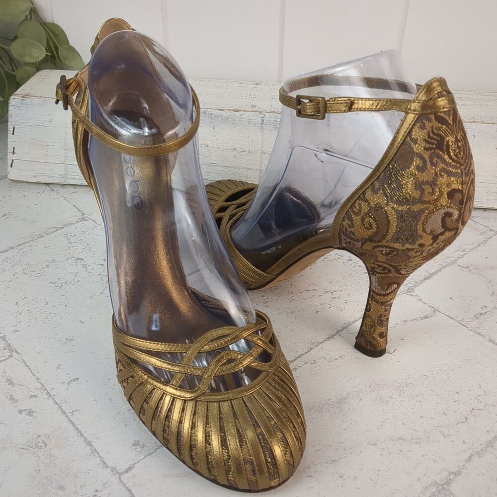 Bebe Gold Strappy Brocade Floral Sparkle Stiletto Heels Size 9.5 M Coquette